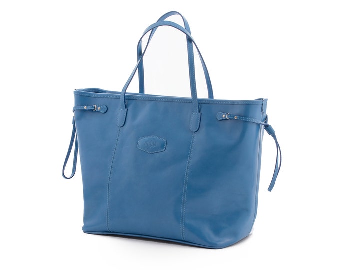 Leather tote, large tote handbag, light blue handbag