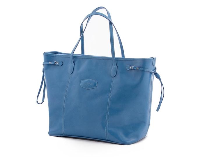 Leather tote, large tote handbag, light blue handbag