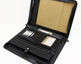 Italian  Leather Porfolio, Zippered Business Folder, Conference A4 Folder, Padfolio  2 Rings Binder,  Black with handle