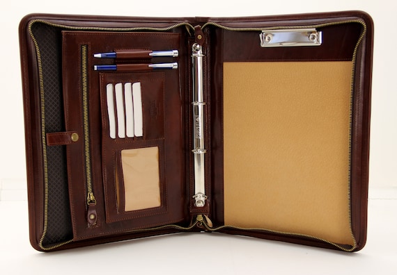 Leder Folio mit Griff braun mit Rei/ßverschluss A4/ Ordner Padfolio 4/ Ring Binder Italienisches Leder Portfolio