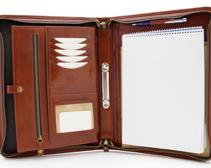Italian  Leather Porfolio, Zippered Business Folder, Conference A4 Folder, Padfolio  2 Rings Binder,  Cognac and handle
