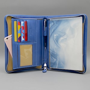 Portafolio de piel A5, Porta cuaderno de piel, Portafolio con cremallera azul claro A5 para hombre y mujer, Funda para iPad mini