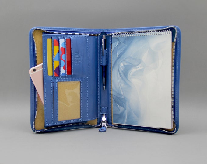 Leather portfolio A5 ,   Leather notebook holder, Light Blue zippered padfolio a5 for men and women, iPad mini case