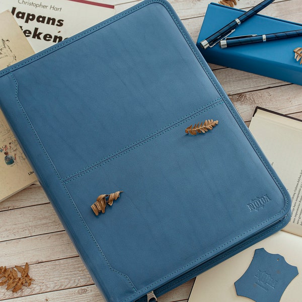 Italian Leather organizer A4, Leather notebook holder,  Noda Leather Portfolio, Gift for her him light blue