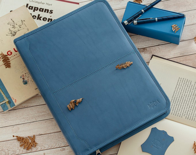 Italian Leather organizer A4, Leather notebook holder,  Noda Leather Portfolio, Gift for her him light blue