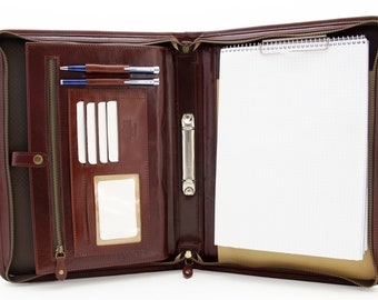 Leather document holder, ring binder 2 rings, laptop and notepad holder, conference folder, leather clipboard, conference folder brown