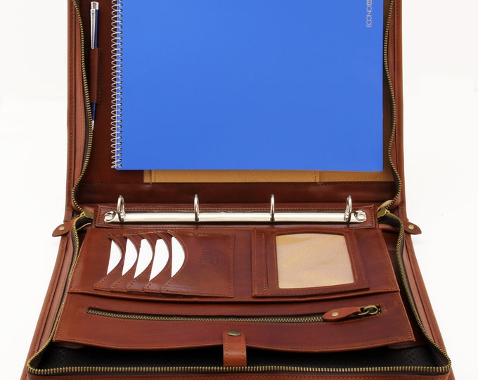 Leather folder portfolio, Cognac folder binder, Business portfolio binder,  leather 4 ring binder, writing portfolio