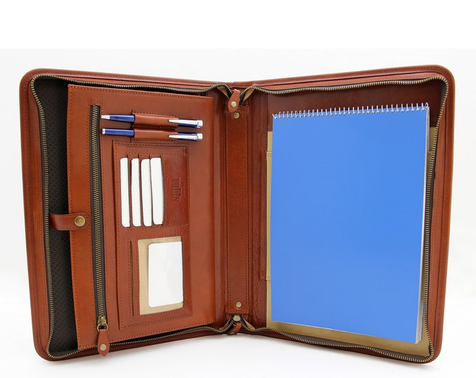 Italian Leather Porftolio, Zippered Business Folder, Conference A4 Folder, Padfolio  notepad,  Customized notebook cover with Handle