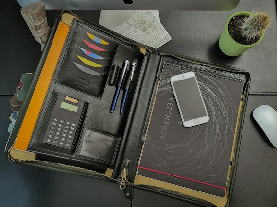 Portafoglio In Pelle Italiana Formato A4 - Con Zip, 4 Anelli E Manico, Marrone Elegante - Foto 10