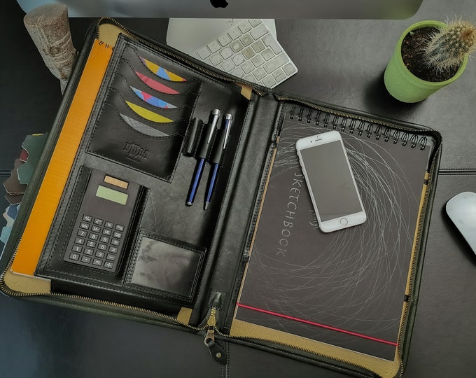 Leather padfolio a4, leather portfolio a4, peronalized organizer, Leather planner, zipper Leather Holder, leather folio a4 with calculator