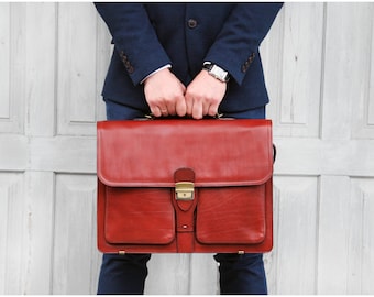 Leather Business Briefcase for Men, Genuine Italian Leather Multi Pocket Computer Bag, Compartments, Removable Shoulder Strap, Husband Gift