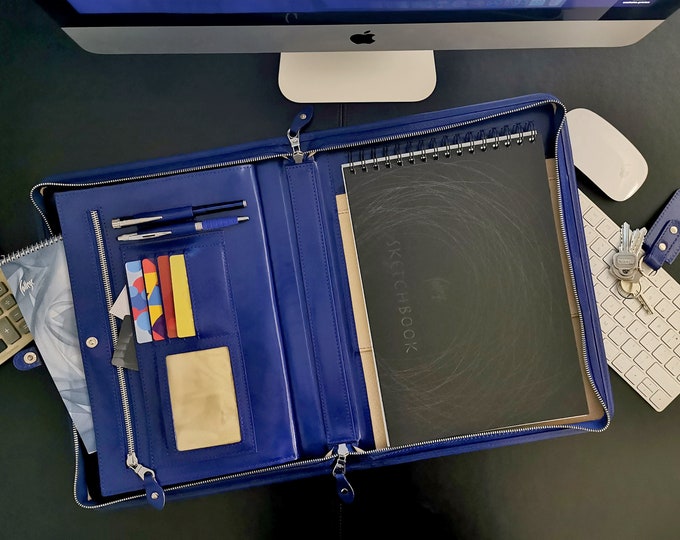 Leather Organizer, Personalized leather portfolio men, Leather document holder, Business gift, Blue leather folder, Zippered padfolio a4