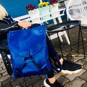 Sac à dos en cuir italien avec poignée, sac en cuir pour homme ou femme, sac à dos bleu fait main