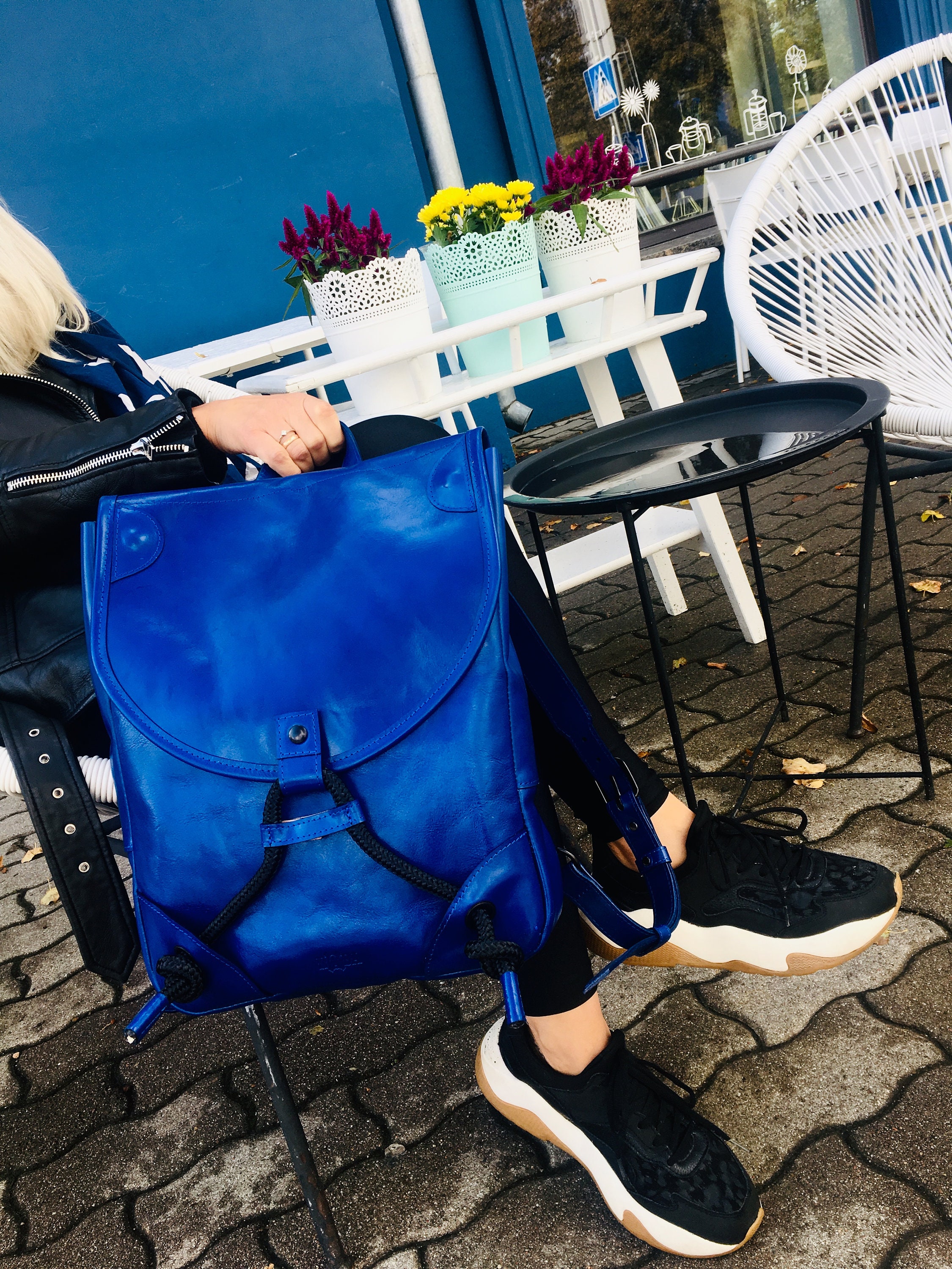 Handmade Full-leather Backpack Black & Blue Leather 