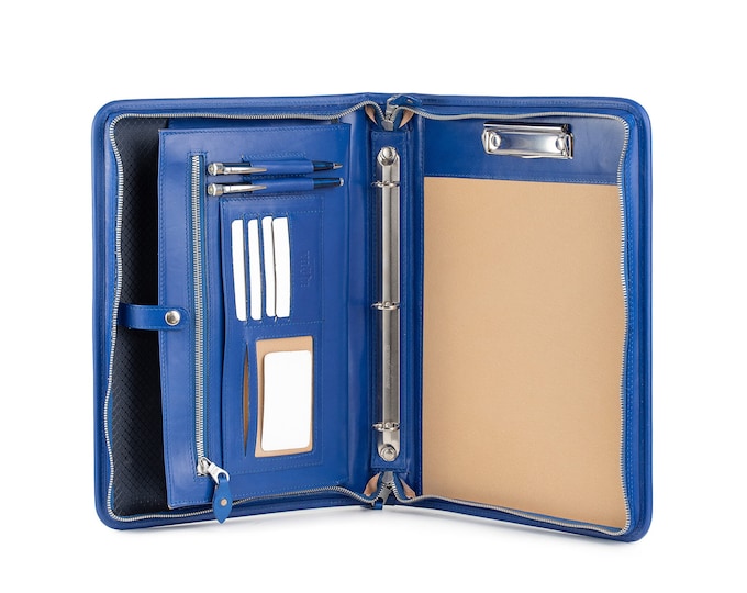 Personalized Leather Portfolio Padfolio - A4 Organizer, 3-Ring Binder,Document Holder, Conference Folder, leather clipboard blue