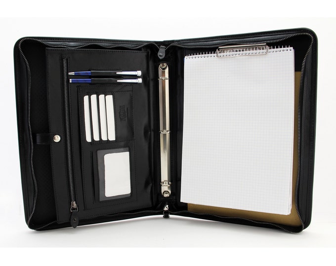 Leather Portfolio ring binder  , Zippered Business Folder, Conference A4 Folder, Padfolio  3 Ring Binder,  Black Clipboard for Man or  Woman