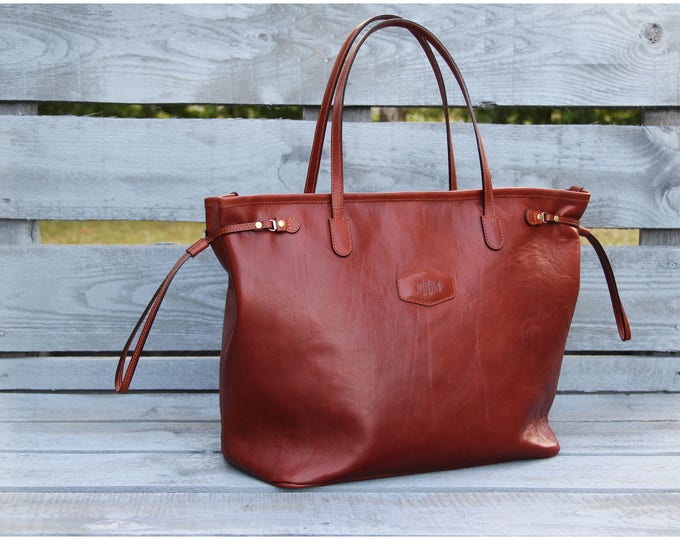 Leather handbag, large satchel bag, Cognac leather tote, top handle bag, Italian leather tote, luxury satchel bag