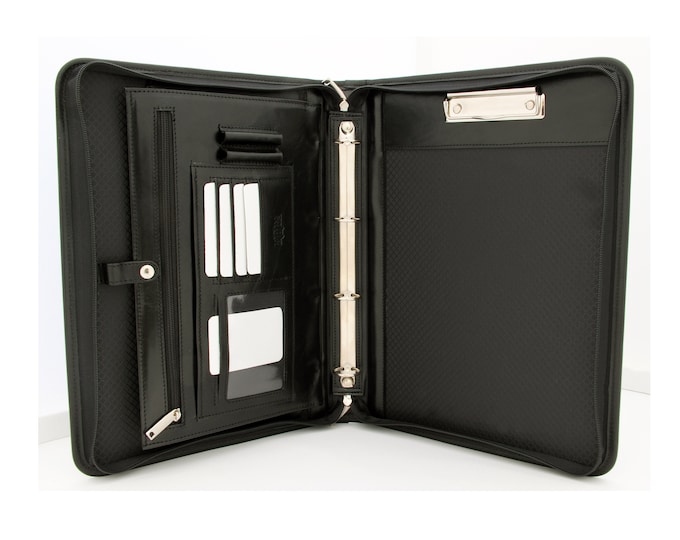Conference Folder A4,Italian Leather portfolio,  Leather Ring Binder A4, Leather Clipboard with Handle Black, Leather journal