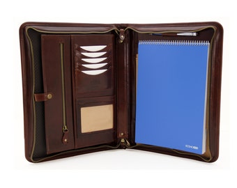 Leather organiser A4 brown, Zipper padfolio with Handle, Italian leather compendium, Business folder