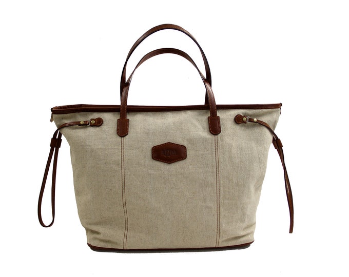 Natural linen handbag, large satchel bag with Italian Genuine vegetable tanned leather parts, Leather tote bag, linen tote
