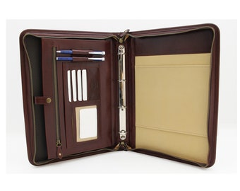 Italian  Leather Portfolio, Zipper Business Folder, Conference A4 Folder,   4 Ring Binder,  Personalized Portfolio Brown, Notebook case