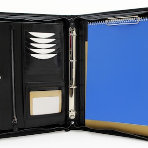 Cartera de negocios profesional de cuero italiano Padfolio w / Cierre con cremallera 4 anillas, Portapapeles Organizador Negro
