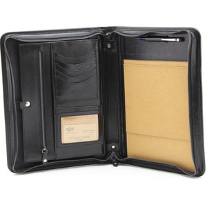 May include: Black leather zippered portfolio with multiple pockets and a pen holder. The interior is lined with a light brown fabric.