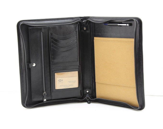 Leather Padfolio Black, Genuine Leather folder, Conference Portfolio case, Zipped A4 folder, Business Padfolio, Personalized portfolio
