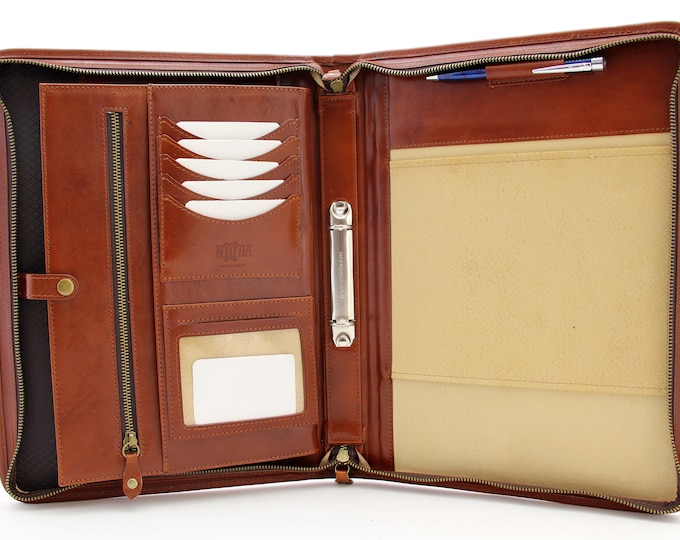 Leather folder portfolio, Cognac folder binder, Business portfolio binder,  leather 4 ring binder, writing portfolio