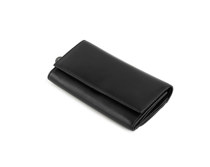 Black leather wallet, purse with clap. Clutch leather wallet with zipper