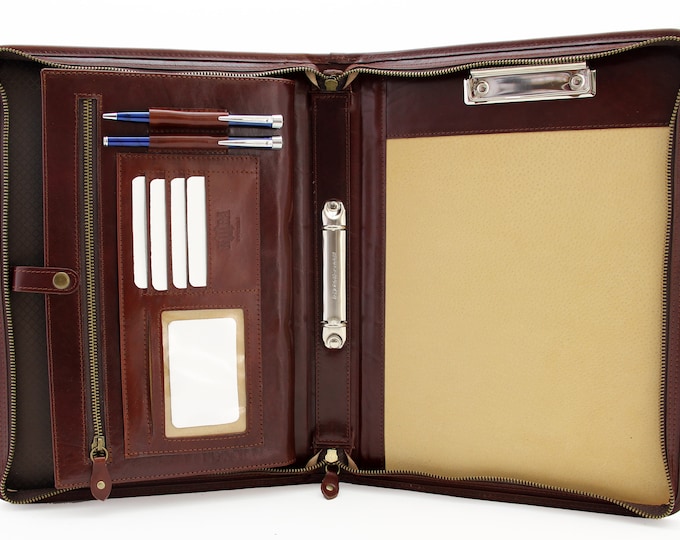 Noda Executive Leather Padfolio Brown Professional Business Portfolio w/ Zippered Closure | Resume, Document, Notepad,  Organizer Handle