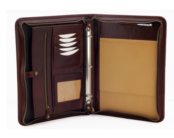 Italian  Leather Folder, Zipped Business portfolio, Genuine Leather 3 ring binder, Conference A4 Folder, Padfolio with Handle Brown