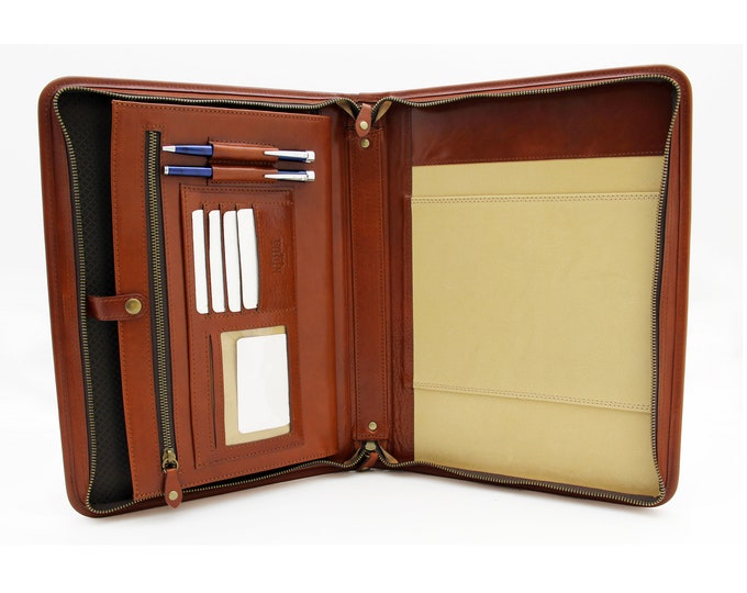 Italian  Leather Porftolio, Zippered Business Folder, Conference A4 Folder, Padfolio  notepad,  Cognac