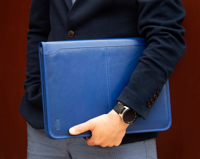 Blue Leather Portfolio, Zipper Conference Folder, Legal pad Folio, Document planner A4, Leather organizer letter and legal pad size