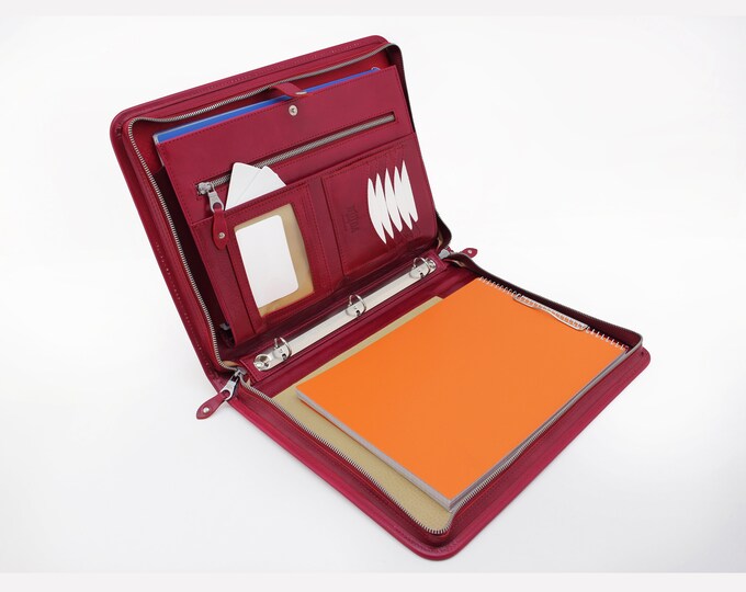 Handmade Genuine Leather 3 Ring Binder Portfolio Document Organizer with Clipboard, Business Folder A4 Size,Tablet/Laptop Padfolio w handle