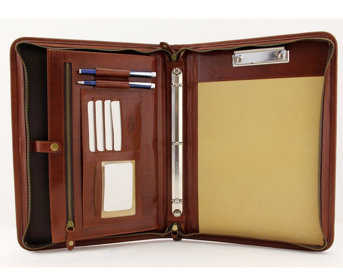 Cognac Leather Portfolio with Handle,  3 Ring binder, Padfolio Clipboard,  Professional  Folder A4,  Personalized  business gift for her him