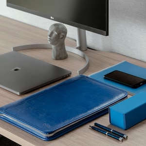 Padfolio de cuero azul, Porta documentos de negocios a4, Portafolio personalizado azul, Carpeta de conferencias con cremallera a4