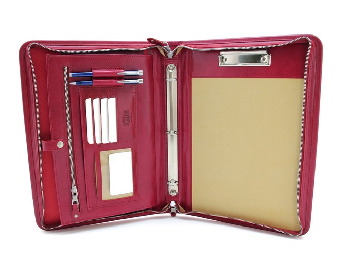 Leather Portfolio, Zipped Business Folder, Conference  Folder A4 ,  Leather Padfolio  3 Ring Binder, Clipboard organizer red with handle
