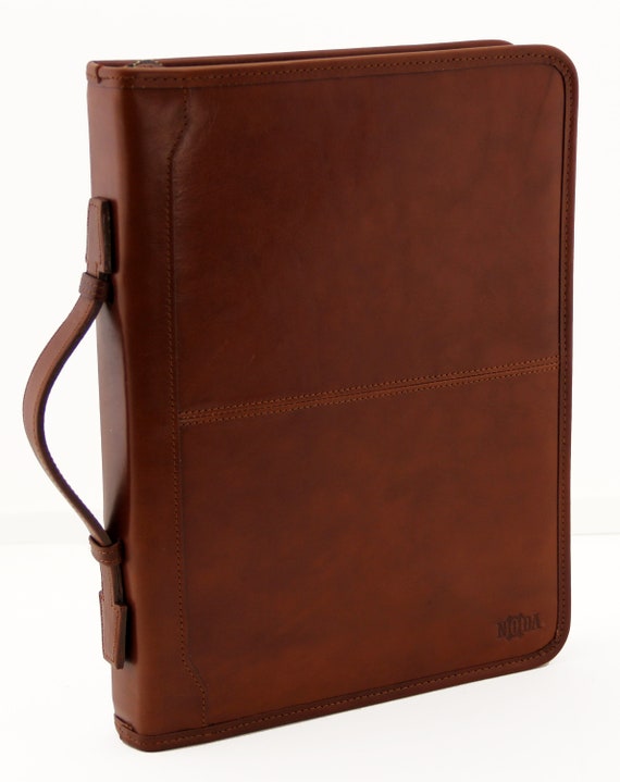 Leder Folio mit Griff braun mit Rei/ßverschluss A4/ Ordner Padfolio 4/ Ring Binder Italienisches Leder Portfolio