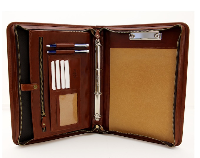 Noda Italian Genuine Leather Zipped Business Conference A4 Folder Ring Binder Cognac Professional portfolio and Clipboard