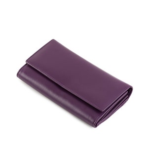 Purple women's clutch leather wallet with flap , Genuine leather wallet for women