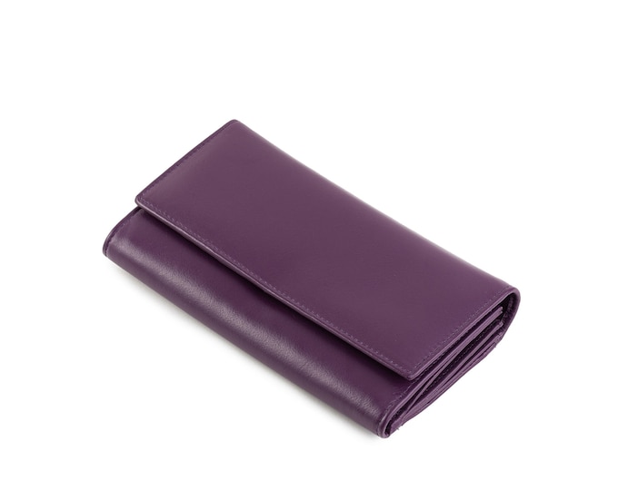 Purple women's clutch leather wallet with flap , Genuine leather wallet for women