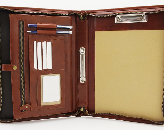 Noda  Leather Padfolio Cognac Professional Business Portfolio Zippered |2 ring binder Document Organizer  clipboard Handle