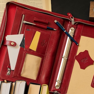 Pasta de couro com 3 argolas, prancheta de couro vermelho, pasta de conferência profissional A4, porta-documentos com zíper