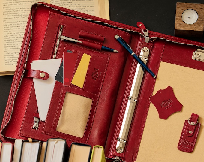 Leather portfolio 3 ring binder, red leather clipboard, professional conference folder A4, zippered document holder
