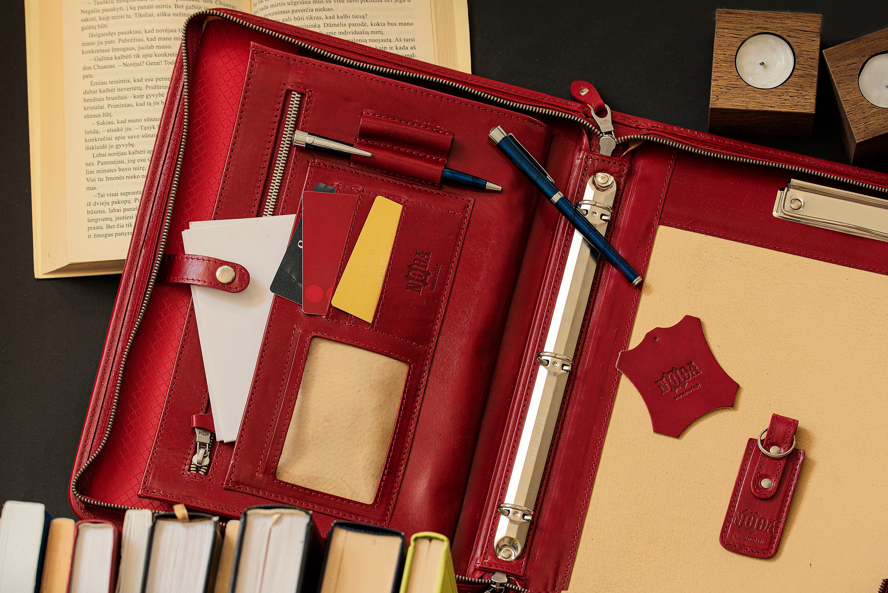 Leather portfolio 3 ring binder, red leather clipboard, professional