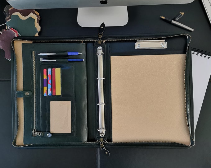 Personalized leather organizer , Zippered leather portfolio , Conference Folder A4, Leather  Ring Binder, Green leather clipboard