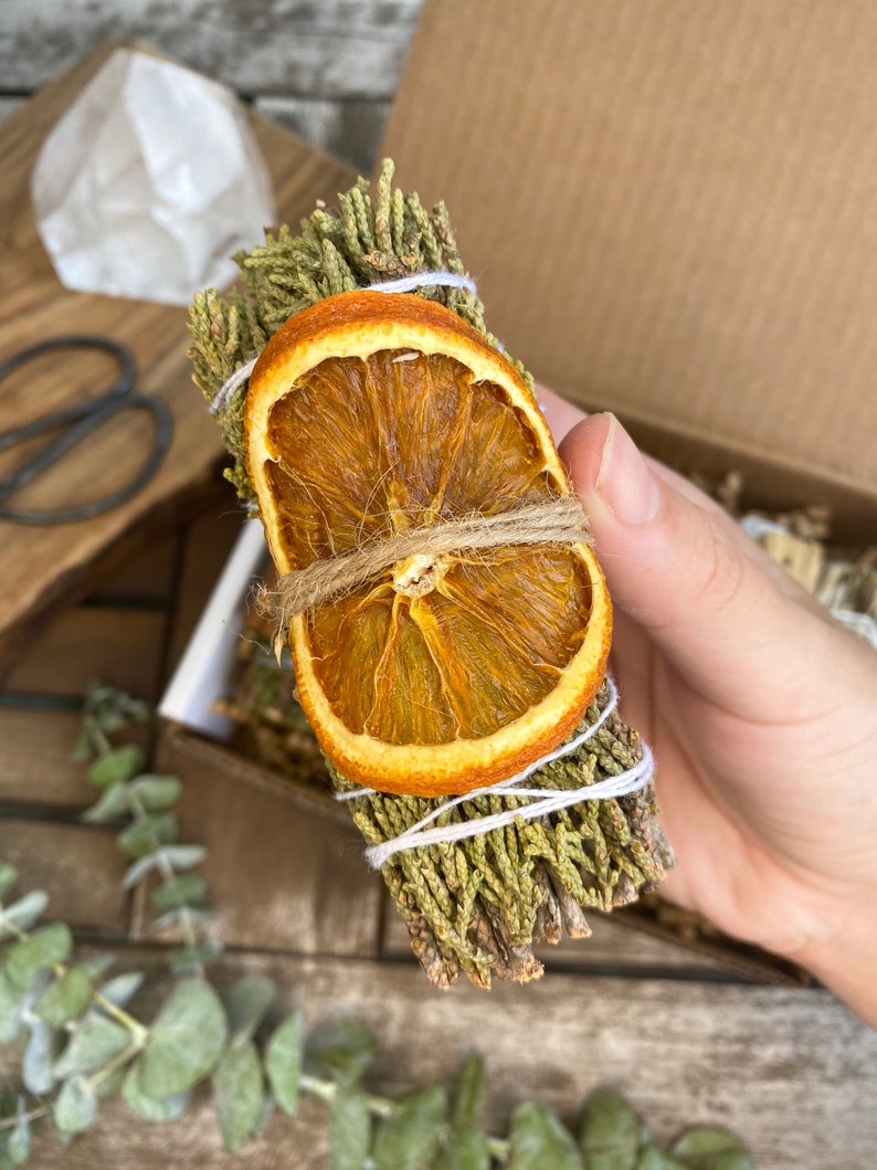 White Sage Alternative Gift Set, Smudge Sticks, Smudge Kit: Juniper, Blue Sage, Yerba Santa, Cedar, Selenite, and Palo Santo Juniper with Orange