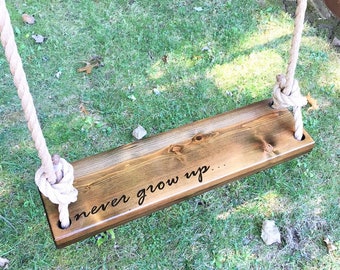 Never Grow Up Wooden Rope Swing | Wood Tree Swing | Outdoor Wooden Swing | Outdoor Kids Swings | Outdoor Toddler Swing | Natural Swing