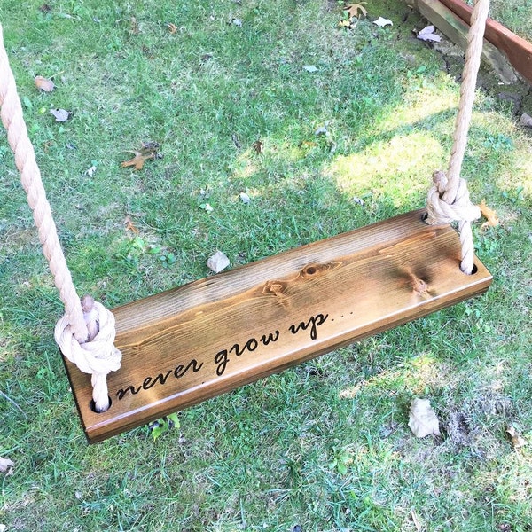 Never Grow Up Wooden Rope Swing | Wood Tree Swing | Outdoor Wooden Swing | Outdoor Kids Swings | Outdoor Toddler Swing | Natural Swing